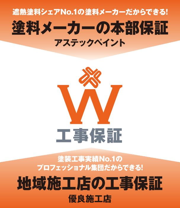 遮熱塗料シェアNo.1の塗料メーカーだからできる!W工事保証 塗料メーカーの本部保証アステックペイント 塗装工事実績No.1のプロフェッショナル集団だからできる!地域施工店の工事保証優良施工店